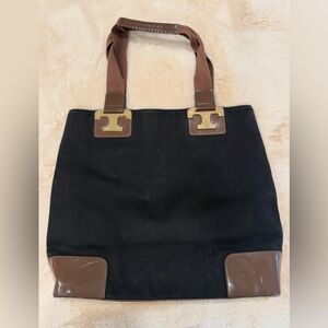 Tory Burch Nico Tote in Black Canvas/Brown Patent